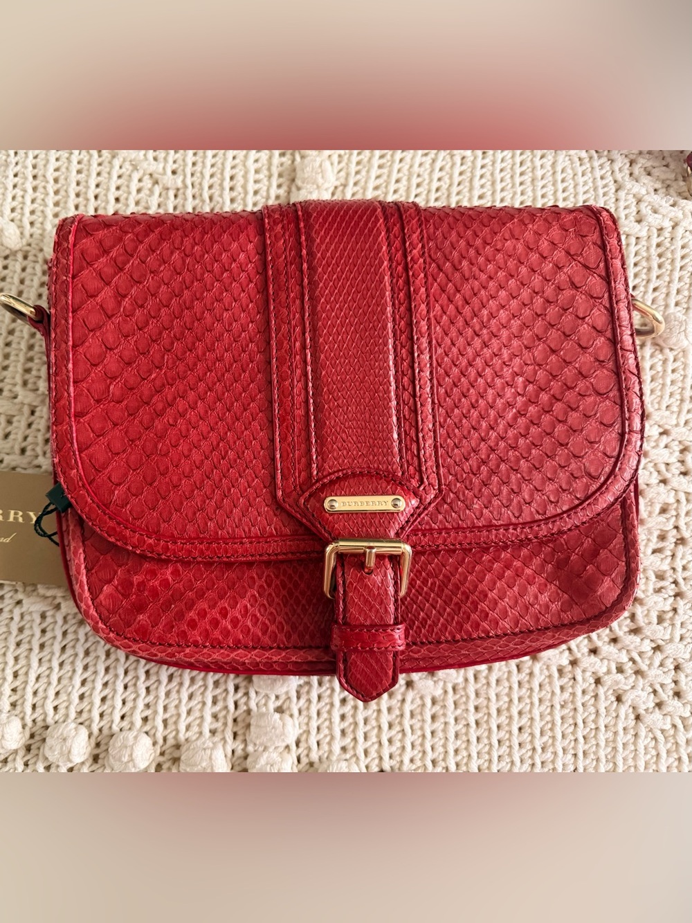 Burberry Red Textured Python-Style Leather Crossbody with Gold Buckle - Picture 10 of 10